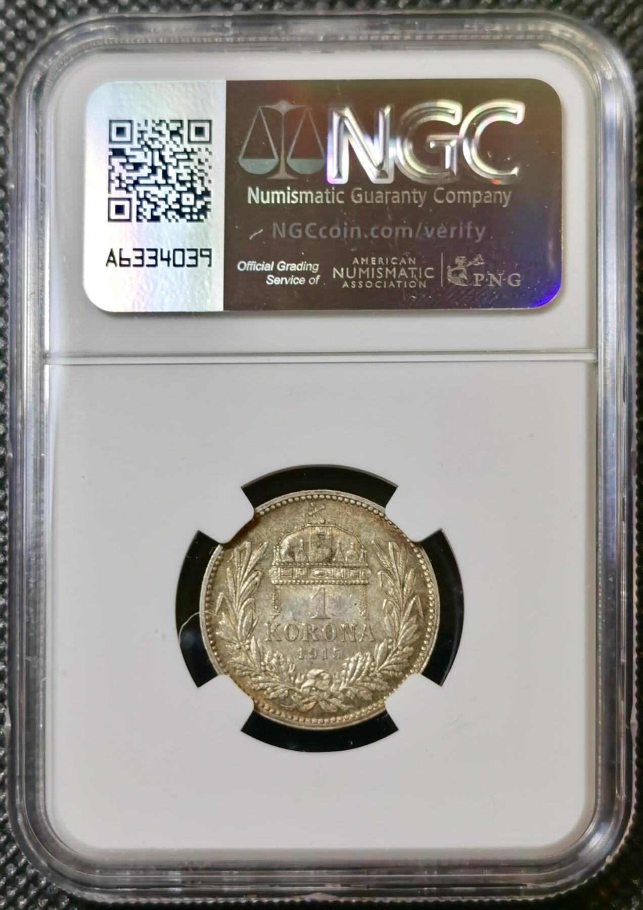 甄臻铺-世界币章拍卖（第40期）送拍享返佣金等优惠多多 NGC-MS62 匈牙利1915一科罗娜银币，很少见的匈牙利版，极美五彩包浆