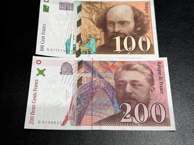 《外钞收藏家》第五百八十八期（优质场）（本平台长期征集拍品、欢迎藏友们联系合作） - 法国末版100法郎保罗塞尚+200法郎埃菲尔铁塔（全程无4）	9品左右