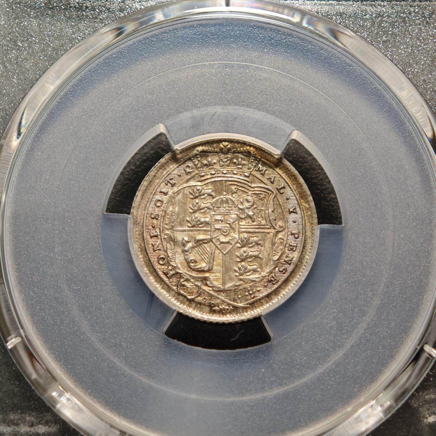 【德藏】世界币章拍卖第155期（拍品征集中~欢迎藏友联系） 1816年 英国乔治三世6便士银币 PCGS MS66 淡彩包浆 亚军分 仅2枚更高