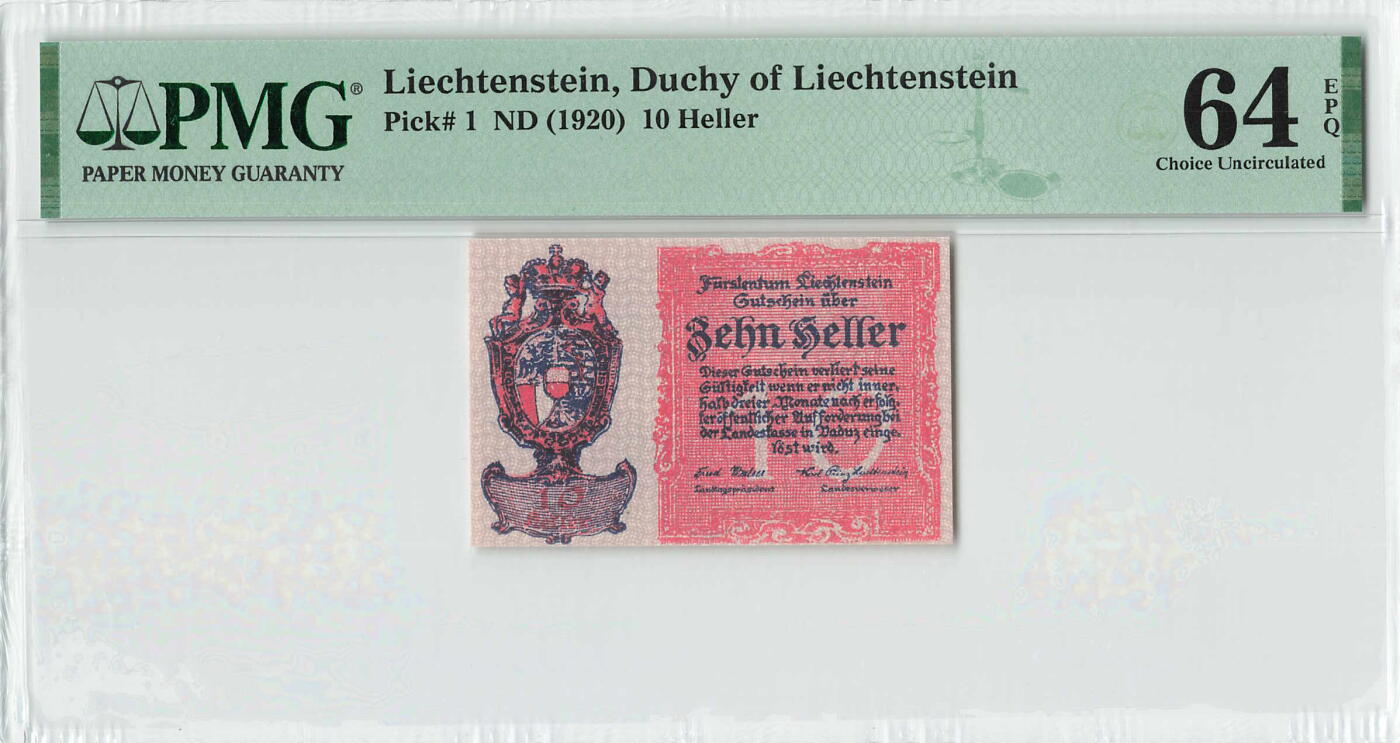 小福收藏拍卖第196期 评级币精选场 本期有68分倒置号布隆迪世界最大纸币 泰国69年10铢纪念钞0A冠百位倒置号  文莱06年500吉令特首年首冠 丹麦经典大松鼠 俄罗斯 玻利维亚 东加勒比 亚美尼亚等多国精美高分珍稀老钞精品纸币 列支敦士登 1920年 10赫勒 百年老钞 PMG64 EPQ