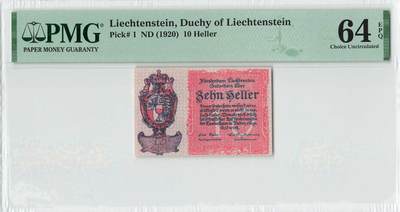 小福收藏拍卖第196期 评级币精选场 本期有68分倒置号布隆迪世界最大纸币 泰国69年10铢纪念钞0A冠百位倒置号  文莱06年500吉令特首年首冠 丹麦经典大松鼠 俄罗斯 玻利维亚 东加勒比 亚美尼亚等多国精美高分珍稀老钞精品纸币 - 列支敦士登 1920年 10赫勒 百年老钞 PMG64 EPQ