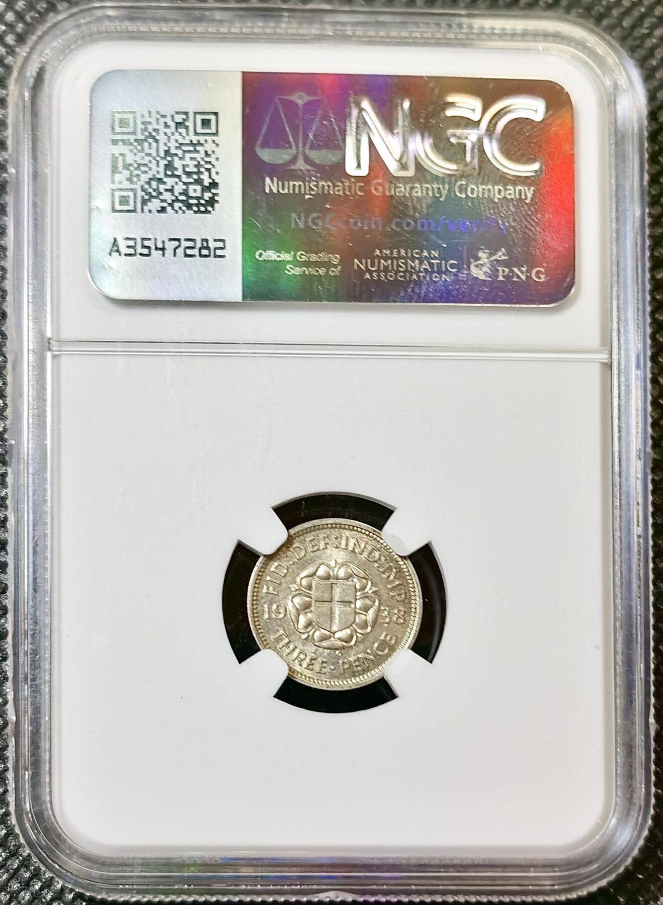 甄臻铺-世界币章拍卖（第40期）送拍享返佣金等优惠多多 NGC-MS64 英国1938三便士银币，银质版，卷拆好品