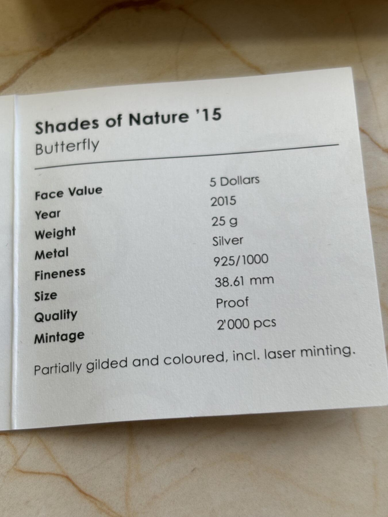 第183期拍卖 库克2015年自然之影系列蝴蝶镭射微雕镀金彩银币