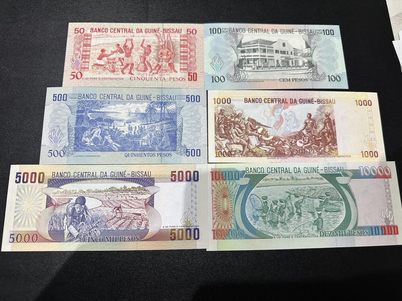 《外钞收藏家》第五百八十八期（优质场）（本平台长期征集拍品、欢迎藏友们联系合作） 几内亚比绍1990-1993年6张全套(50-10000比索，凑齐不易)	UNC