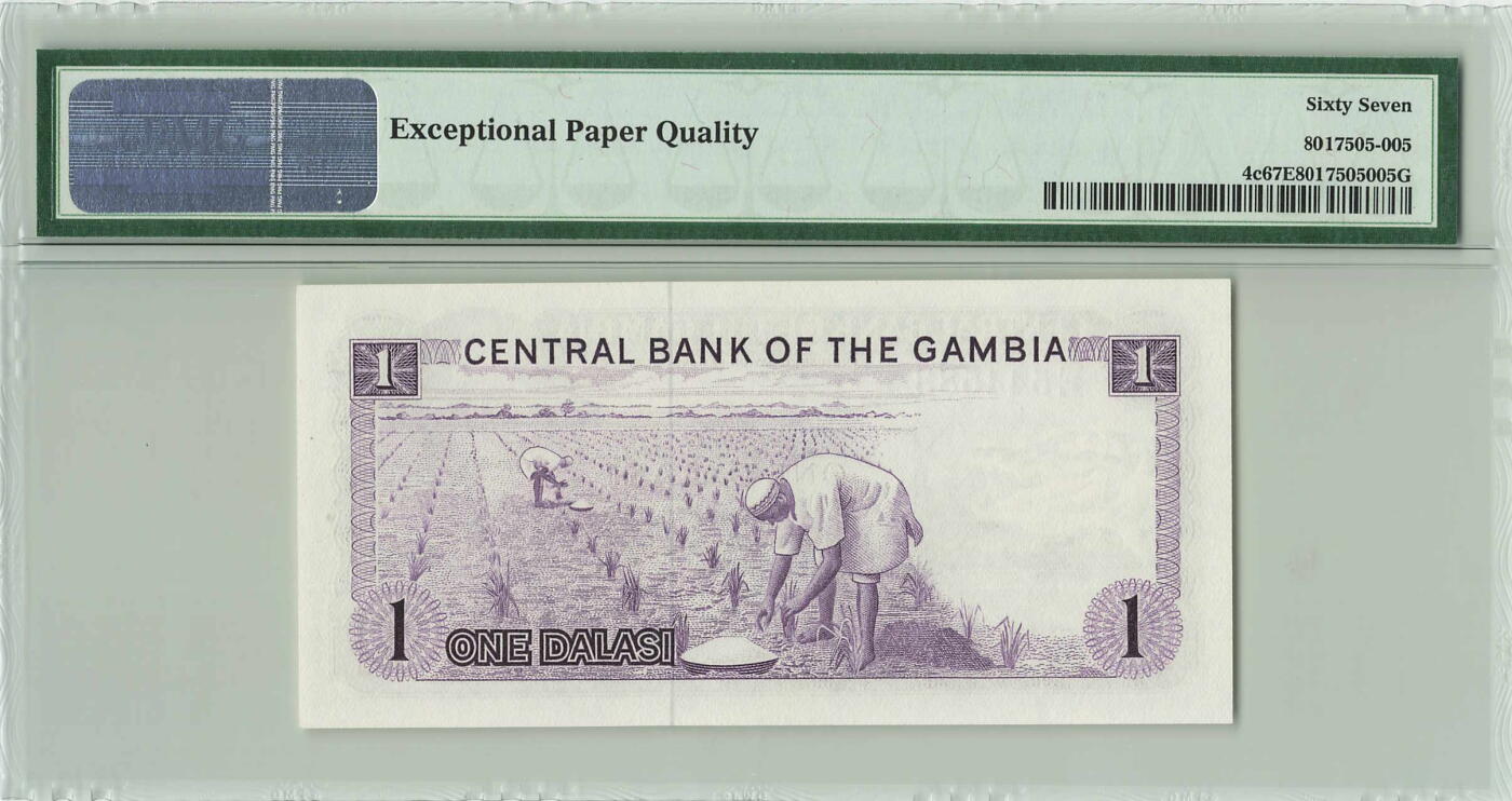 小福收藏拍卖第196期 评级币精选场 本期有68分倒置号布隆迪世界最大纸币 泰国69年10铢纪念钞0A冠百位倒置号  文莱06年500吉令特首年首冠 丹麦经典大松鼠 俄罗斯 玻利维亚 东加勒比 亚美尼亚等多国精美高分珍稀老钞精品纸币 冈比亚 1971-87年 1达拉西 无微缩文字第一版 PMG67 EPQ 冠军分！！！