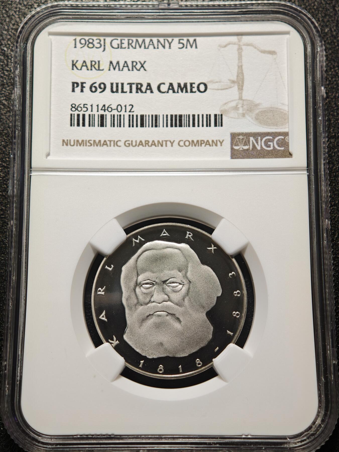 【德藏】世界币章拍卖第155期（拍品征集中~欢迎藏友联系） 冠军分！1983年 德国卡尔·马克思逝世百年5马克精制纪念镍币 NGC PF69UC 镜面十足 状态极佳