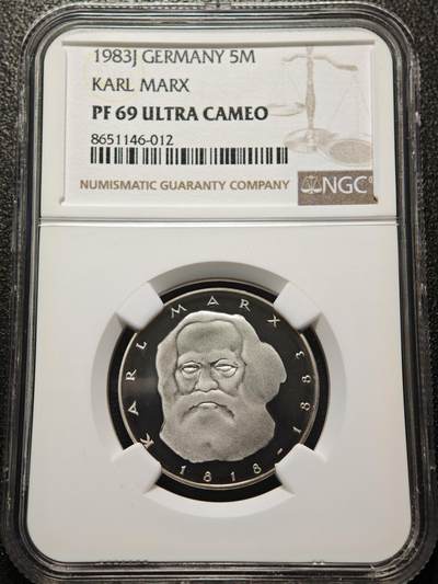 【德藏】世界币章拍卖第155期（拍品征集中~欢迎藏友联系） - 冠军分！1983年 德国卡尔·马克思逝世百年5马克精制纪念镍币 NGC PF69UC 镜面十足 状态极佳