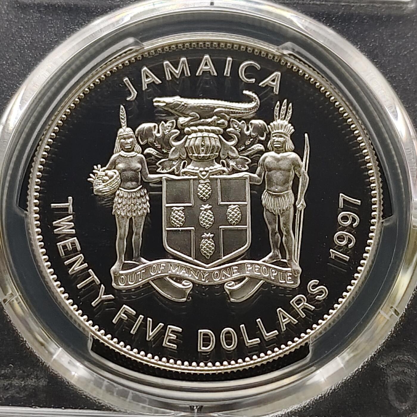 【全场包邮】纯粹捡漏拍481场（免费代拍第18场） 牙买加1997年25元女王金婚局部镀金精制克朗型纪念银币-PCGS PR69 DCAM