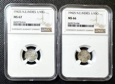 甄臻铺-世界币章拍卖（第40期）送拍享返佣金等优惠多多 - NGC-MS67 1942年荷属东印度1/10盾，高分难觅MS66-67，两枚一组