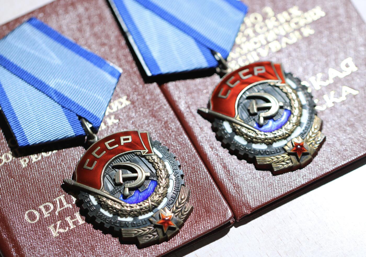 大猫徽章拍卖 第283期 苏联劳动红旗一对带双证 同一人获得