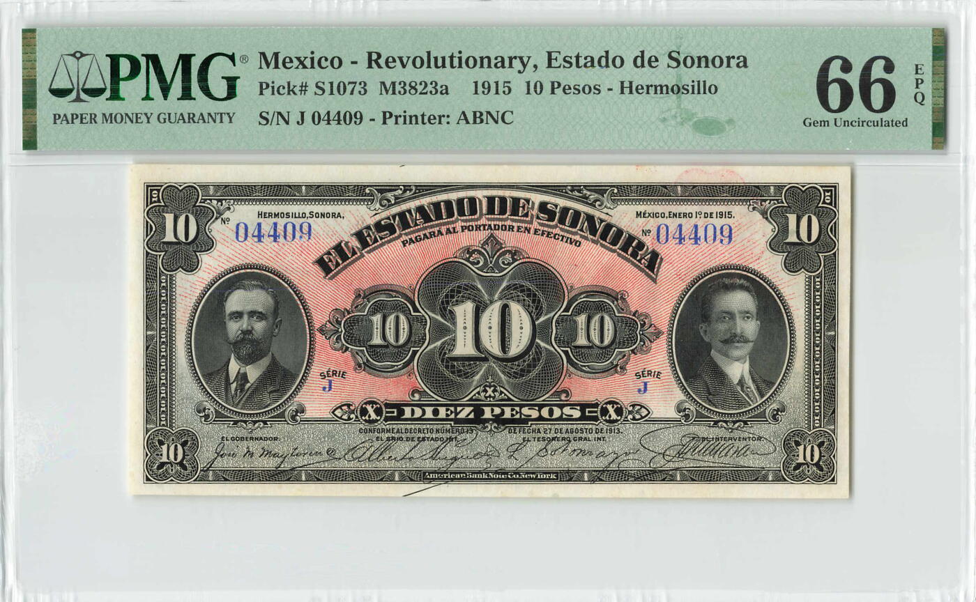 小福收藏拍卖第196期 评级币精选场 本期有68分倒置号布隆迪世界最大纸币 泰国69年10铢纪念钞0A冠百位倒置号  文莱06年500吉令特首年首冠 丹麦经典大松鼠 俄罗斯 玻利维亚 东加勒比 亚美尼亚等多国精美高分珍稀老钞精品纸币 墨西哥 1915年 10比索 百年老钞 数3 PMG66 EPQ 冠军分！！！