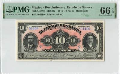 小福收藏拍卖第196期 评级币精选场 本期有68分倒置号布隆迪世界最大纸币 泰国69年10铢纪念钞0A冠百位倒置号  文莱06年500吉令特首年首冠 丹麦经典大松鼠 俄罗斯 玻利维亚 东加勒比 亚美尼亚等多国精美高分珍稀老钞精品纸币 - 墨西哥 1915年 10比索 百年老钞 数3 PMG66 EPQ 冠军分！！！