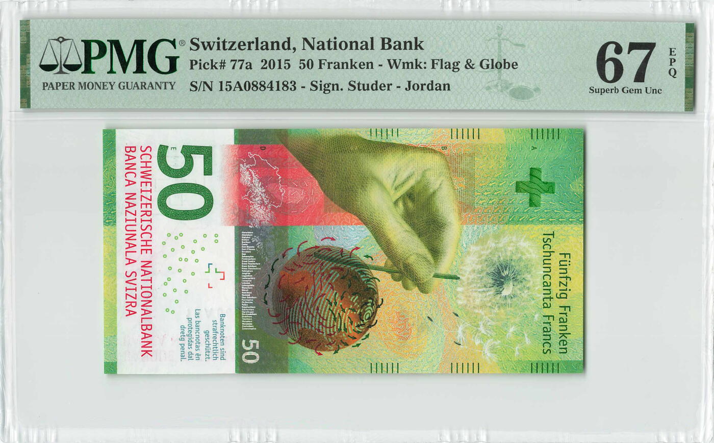 小福收藏拍卖第196期 评级币精选场 本期有68分倒置号布隆迪世界最大纸币 泰国69年10铢纪念钞0A冠百位倒置号  文莱06年500吉令特首年首冠 丹麦经典大松鼠 俄罗斯 玻利维亚 东加勒比 亚美尼亚等多国精美高分珍稀老钞精品纸币 瑞士 2015年 50法郎 手版首年份 Jordan首签  PMG67 EPQ 季军分