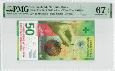 小福收藏拍卖第196期 评级币精选场 本期有68分倒置号布隆迪世界最大纸币 泰国69年10铢纪念钞0A冠百位倒置号  文莱06年500吉令特首年首冠 丹麦经典大松鼠 俄罗斯 玻利维亚 东加勒比 亚美尼亚等多国精美高分珍稀老钞精品纸币 - 瑞士 2015年 50法郎 手版首年份 Jordan首签  PMG67 EPQ 季军分