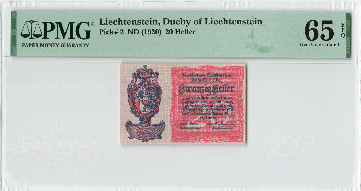 小福收藏拍卖第196期 评级币精选场 本期有68分倒置号布隆迪世界最大纸币 泰国69年10铢纪念钞0A冠百位倒置号  文莱06年500吉令特首年首冠 丹麦经典大松鼠 俄罗斯 玻利维亚 东加勒比 亚美尼亚等多国精美高分珍稀老钞精品纸币 列支敦士登 1920年 20赫勒 百年老钞 PMG65 EPQ 季军分