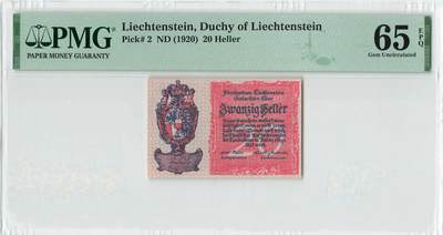 小福收藏拍卖第196期 评级币精选场 本期有68分倒置号布隆迪世界最大纸币 泰国69年10铢纪念钞0A冠百位倒置号  文莱06年500吉令特首年首冠 丹麦经典大松鼠 俄罗斯 玻利维亚 东加勒比 亚美尼亚等多国精美高分珍稀老钞精品纸币 - 列支敦士登 1920年 20赫勒 百年老钞 PMG65 EPQ 季军分