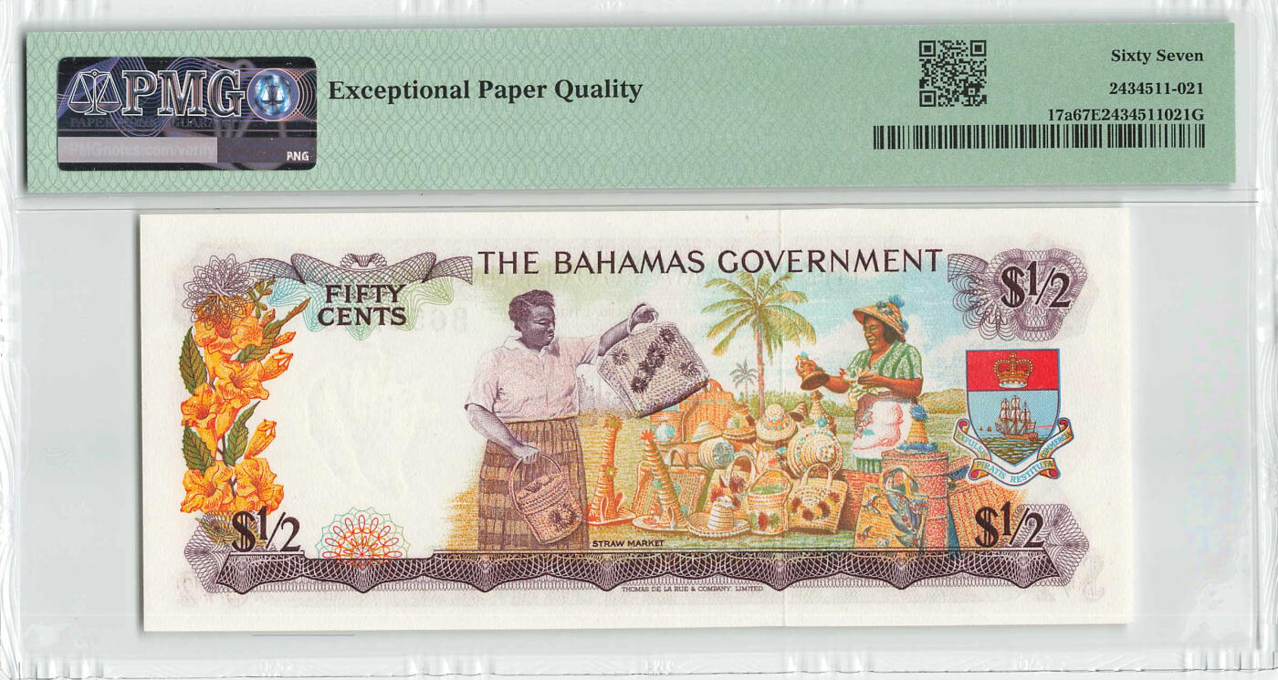 小福收藏拍卖第196期 评级币精选场 本期有68分倒置号布隆迪世界最大纸币 泰国69年10铢纪念钞0A冠百位倒置号  文莱06年500吉令特首年首冠 丹麦经典大松鼠 俄罗斯 玻利维亚 东加勒比 亚美尼亚等多国精美高分珍稀老钞精品纸币 巴哈马 1965年 1/2元 早期版本彩背 无47 PMG67 EPQ 亚军分