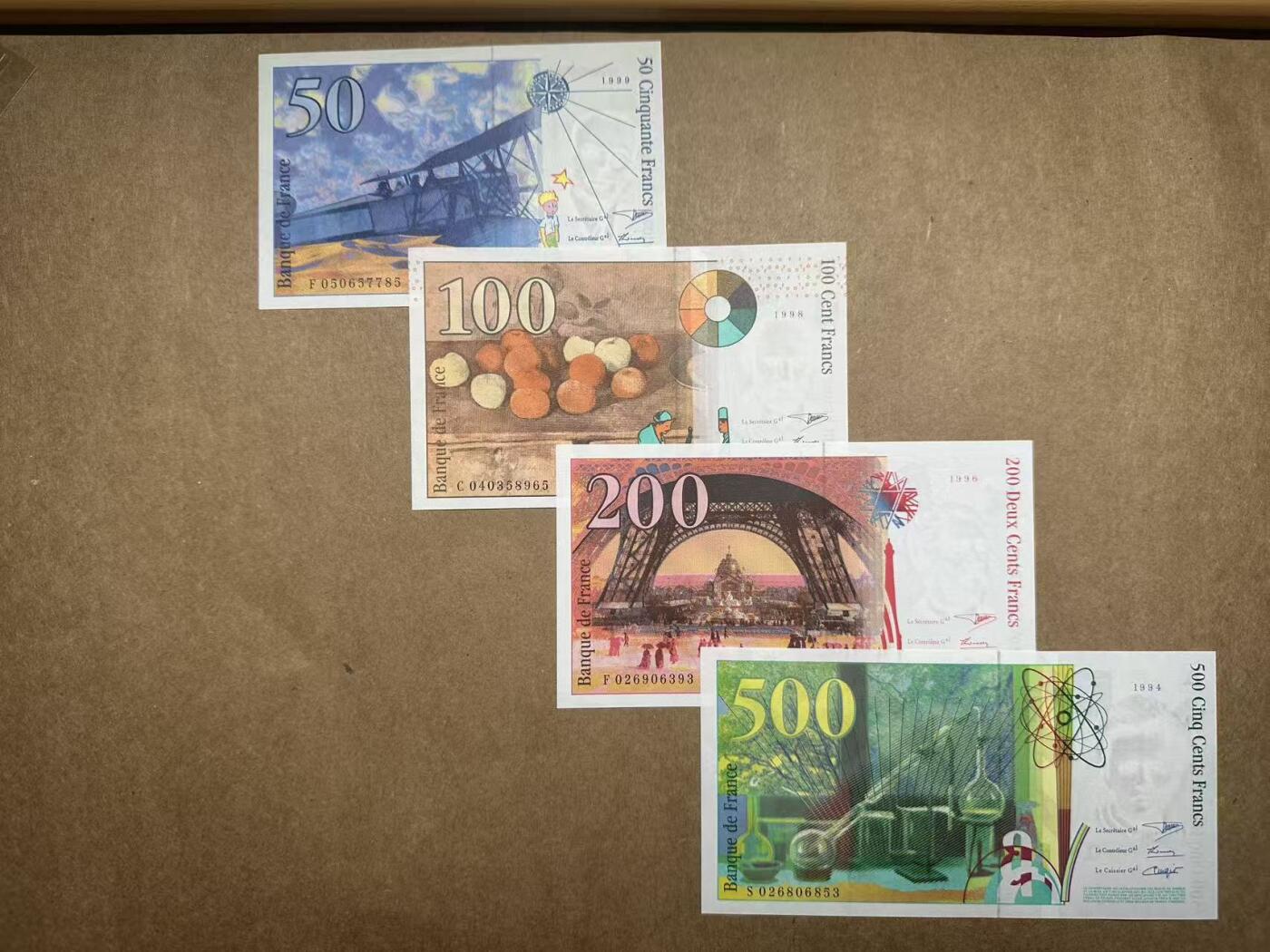 【礼羽收藏】🌏世界钱币拍卖第113期 1994-1998年法国末版50-100-200-500法郎全套，全新UNC，品相如图