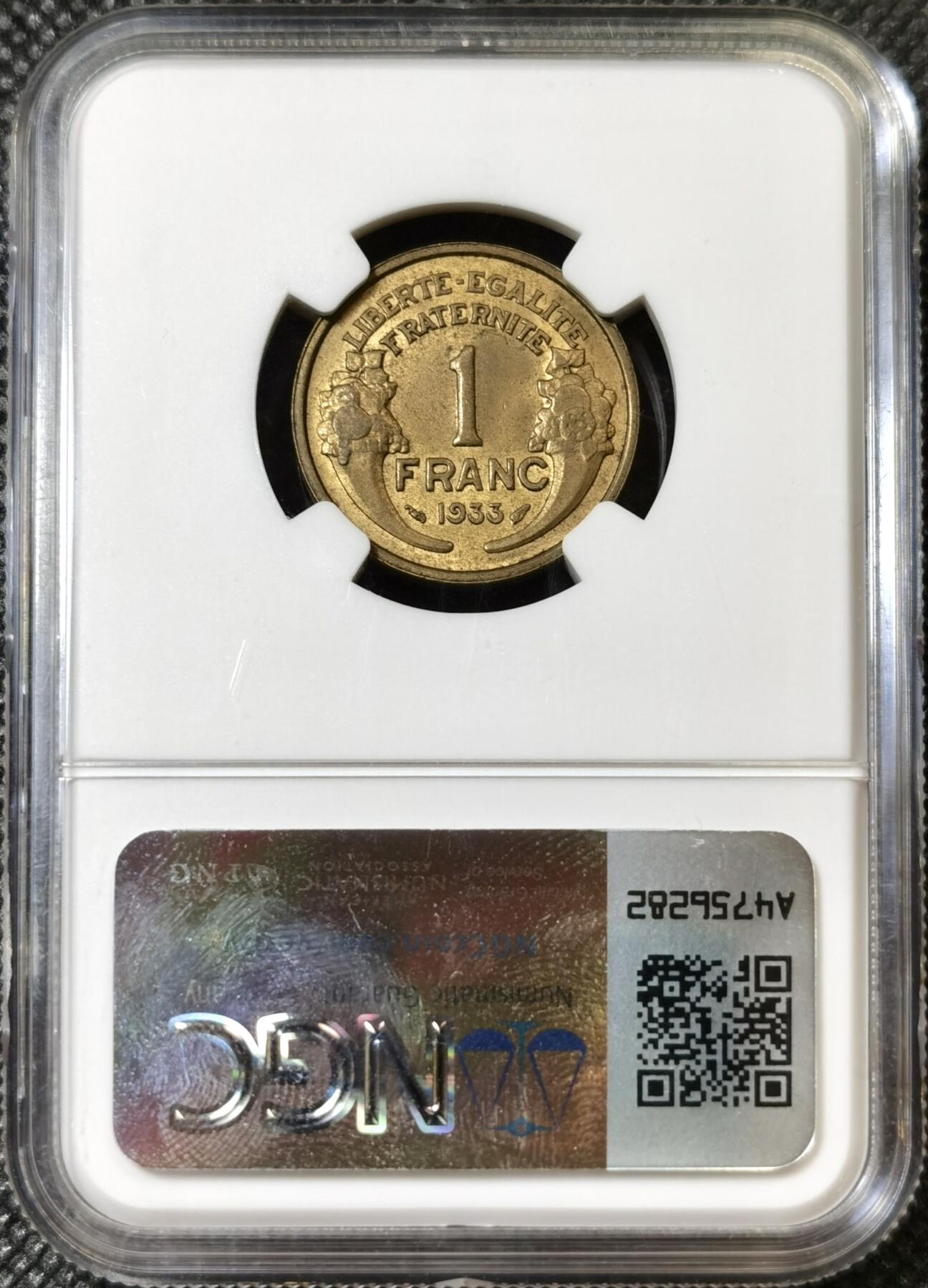 甄臻铺-世界币章拍卖（第40期）送拍享返佣金等优惠多多 NGC-MS64 法国1933年一法郎铜币，比常见的墨丘利商务部法郎少很多，64好品可藏