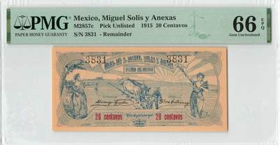 小福收藏拍卖第196期 评级币精选场 本期有68分倒置号布隆迪世界最大纸币 泰国69年10铢纪念钞0A冠百位倒置号  文莱06年500吉令特首年首冠 丹麦经典大松鼠 俄罗斯 玻利维亚 东加勒比 亚美尼亚等多国精美高分珍稀老钞精品纸币 - 墨西哥 1915年 20分 百年老钞 无47 PMG66 EPQ