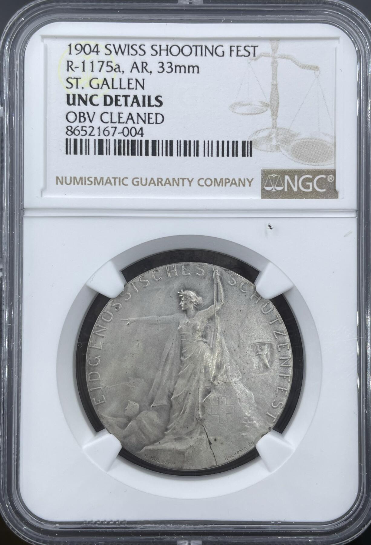 「木头集藏」章牌精品专场！ 1904年瑞士圣加仑射击节银章，NGC UNC，直径：33 mm，品相不错。