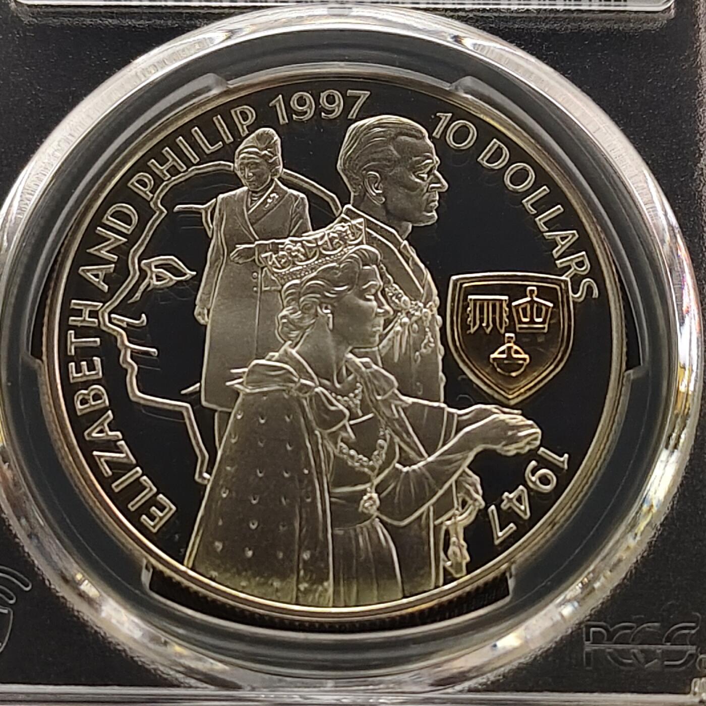 【全场包邮】纯粹捡漏拍481场（免费代拍第18场） 所罗门群岛1997年10元女王金婚局部镀金精制克朗型纪念银币-PCGS PR69 DCAM