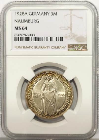 博洋堂世界钱币拍卖第149期（全场包邮） - NGC MS64 德国魏玛1928年南堡3马克银币，炫彩包浆。