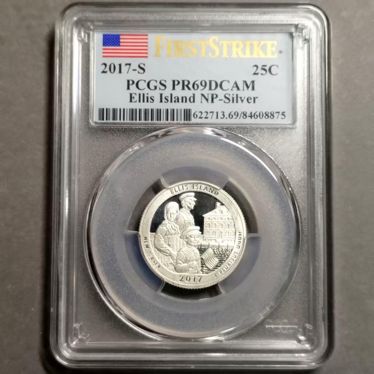 长老汇蛇年精选第七十九场拍卖 2017美国埃利斯岛（新泽西）25分公园币精制银币，PCGS PR69DCAM，初打标签