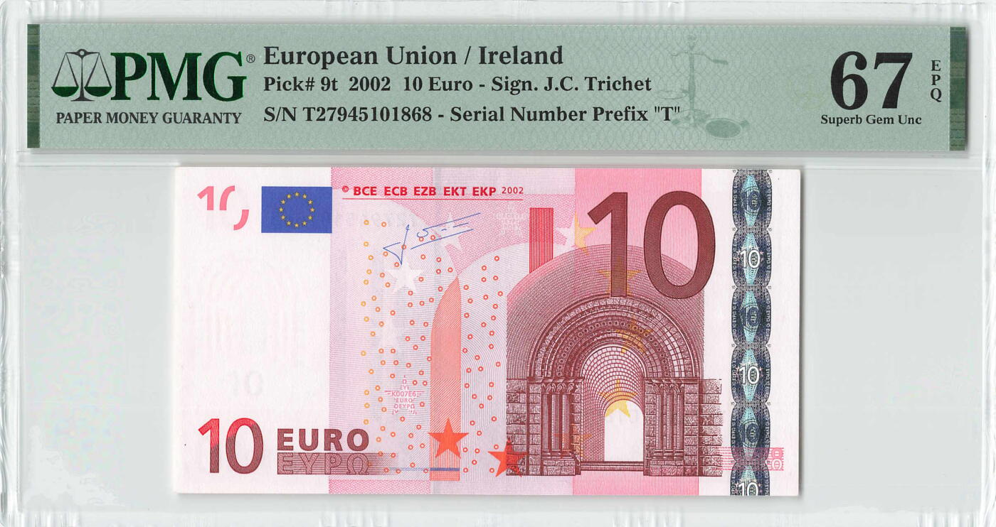 小福收藏拍卖第196期 评级币精选场 本期有68分倒置号布隆迪世界最大纸币 泰国69年10铢纪念钞0A冠百位倒置号  文莱06年500吉令特首年首冠 丹麦经典大松鼠 俄罗斯 玻利维亚 东加勒比 亚美尼亚等多国精美高分珍稀老钞精品纸币 爱尔兰 2002年 10欧元 二签 尾8 PMG67 EPQ 亚军分(冠军分仅1枚）