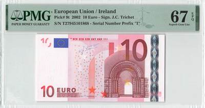 小福收藏拍卖第196期 评级币精选场 本期有68分倒置号布隆迪世界最大纸币 泰国69年10铢纪念钞0A冠百位倒置号  文莱06年500吉令特首年首冠 丹麦经典大松鼠 俄罗斯 玻利维亚 东加勒比 亚美尼亚等多国精美高分珍稀老钞精品纸币 - 爱尔兰 2002年 10欧元 二签 尾8 PMG67 EPQ 亚军分(冠军分仅1枚）