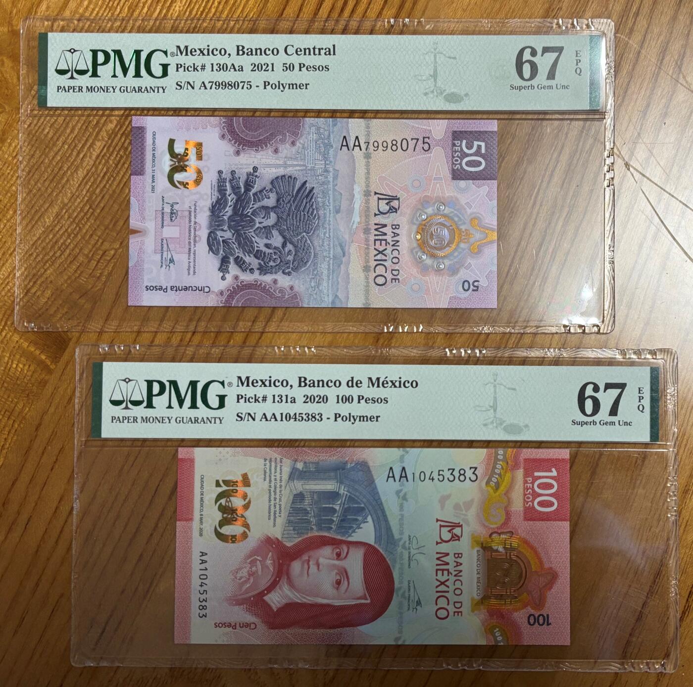 【礼羽收藏】🌏世界钱币拍卖第113期 墨西哥 获奖钞 50+100比索 双PMG67EPQ 双AA冠首发