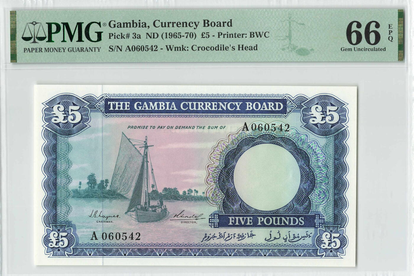 小福收藏拍卖第196期 评级币精选场 本期有68分倒置号布隆迪世界最大纸币 泰国69年10铢纪念钞0A冠百位倒置号  文莱06年500吉令特首年首冠 丹麦经典大松鼠 俄罗斯 玻利维亚 东加勒比 亚美尼亚等多国精美高分珍稀老钞精品纸币 冈比亚 1965-70年 5镑 该国首套纸币 A冠 PMG66 EPQ 季军分