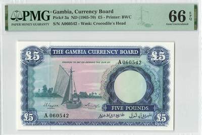 小福收藏拍卖第196期 评级币精选场 本期有68分倒置号布隆迪世界最大纸币 泰国69年10铢纪念钞0A冠百位倒置号  文莱06年500吉令特首年首冠 丹麦经典大松鼠 俄罗斯 玻利维亚 东加勒比 亚美尼亚等多国精美高分珍稀老钞精品纸币 - 冈比亚 1965-70年 5镑 该国首套纸币 A冠 PMG66 EPQ 季军分