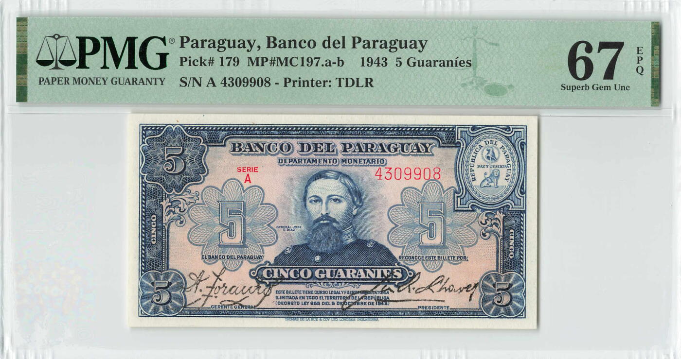 小福收藏拍卖第196期 评级币精选场 本期有68分倒置号布隆迪世界最大纸币 泰国69年10铢纪念钞0A冠百位倒置号  文莱06年500吉令特首年首冠 丹麦经典大松鼠 俄罗斯 玻利维亚 东加勒比 亚美尼亚等多国精美高分珍稀老钞精品纸币 巴拉圭 1943年 5瓜拉尼 少见 A冠 尾8 PMG67 EPQ 唯1冠军分 ！！！