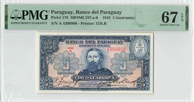 小福收藏拍卖第196期 评级币精选场 本期有68分倒置号布隆迪世界最大纸币 泰国69年10铢纪念钞0A冠百位倒置号  文莱06年500吉令特首年首冠 丹麦经典大松鼠 俄罗斯 玻利维亚 东加勒比 亚美尼亚等多国精美高分珍稀老钞精品纸币 - 巴拉圭 1943年 5瓜拉尼 少见 A冠 尾8 PMG67 EPQ 唯1冠军分 ！！！