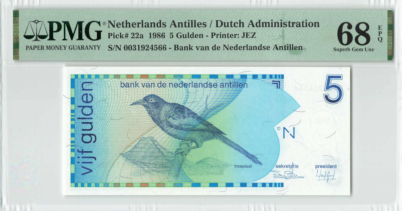 小福收藏拍卖第196期 评级币精选场 本期有68分倒置号布隆迪世界最大纸币 泰国69年10铢纪念钞0A冠百位倒置号  文莱06年500吉令特首年首冠 丹麦经典大松鼠 俄罗斯 玻利维亚 东加勒比 亚美尼亚等多国精美高分珍稀老钞精品纸币 荷属安的列斯 1986年 5盾 首年份 双尾 PMG68 EPQ 季军分