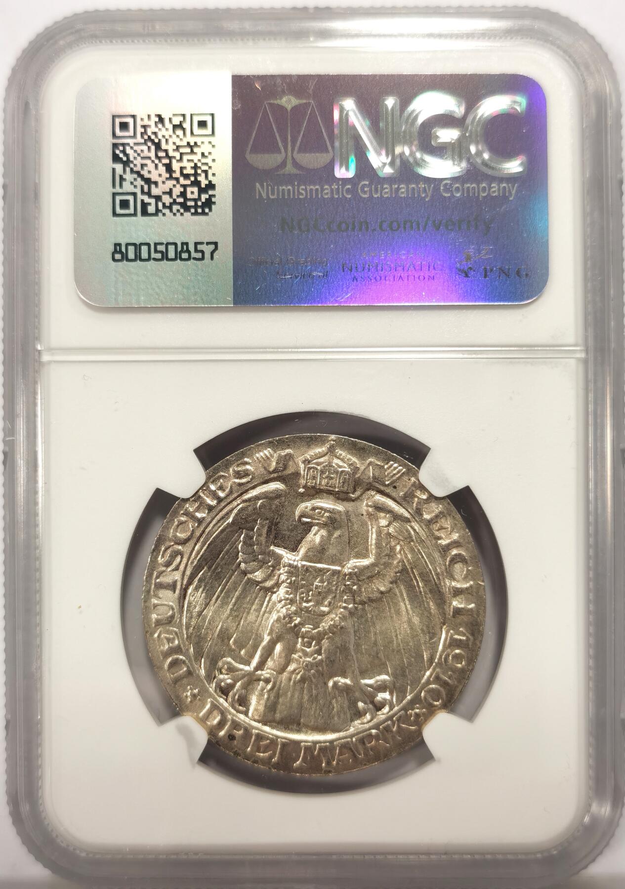 博洋堂世界钱币拍卖第149期（全场包邮） NGC MS64 德国普鲁士1910年柏林大学3马克银币，淡淡的金色，底板丝滑，状态非常好。