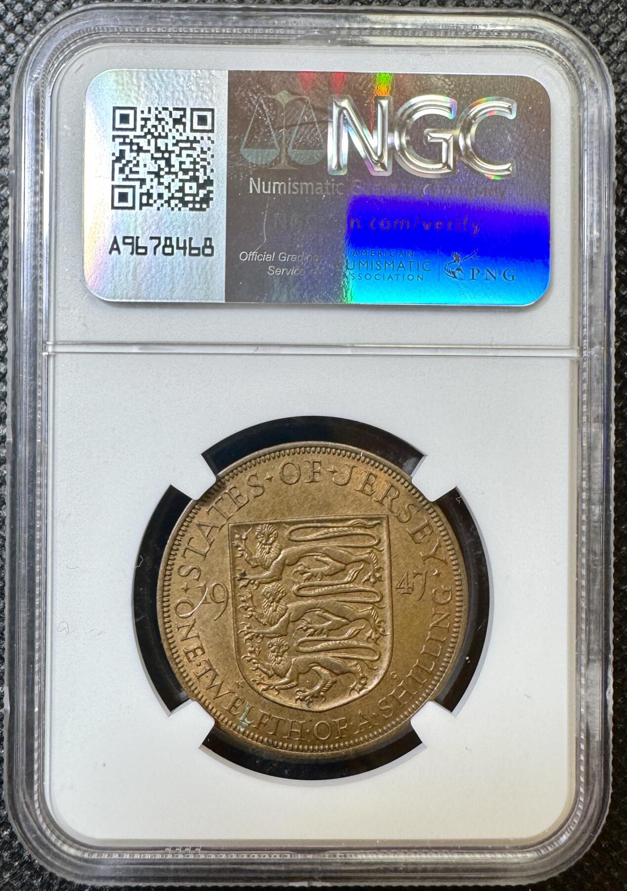 甄臻铺-世界币章拍卖（第40期）送拍享返佣金等优惠多多 NGC-MS63BN 英属泽西岛1947 1/12先令铜币，比本土便士少很多，状态极好