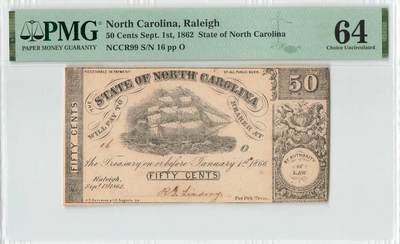 小福收藏拍卖第196期 评级币精选场 本期有68分倒置号布隆迪世界最大纸币 泰国69年10铢纪念钞0A冠百位倒置号  文莱06年500吉令特首年首冠 丹麦经典大松鼠 俄罗斯 玻利维亚 东加勒比 亚美尼亚等多国精美高分珍稀老钞精品纸币 - 美国 北卡罗莱纳 1862年 50分 PMG64 冠军分！！！