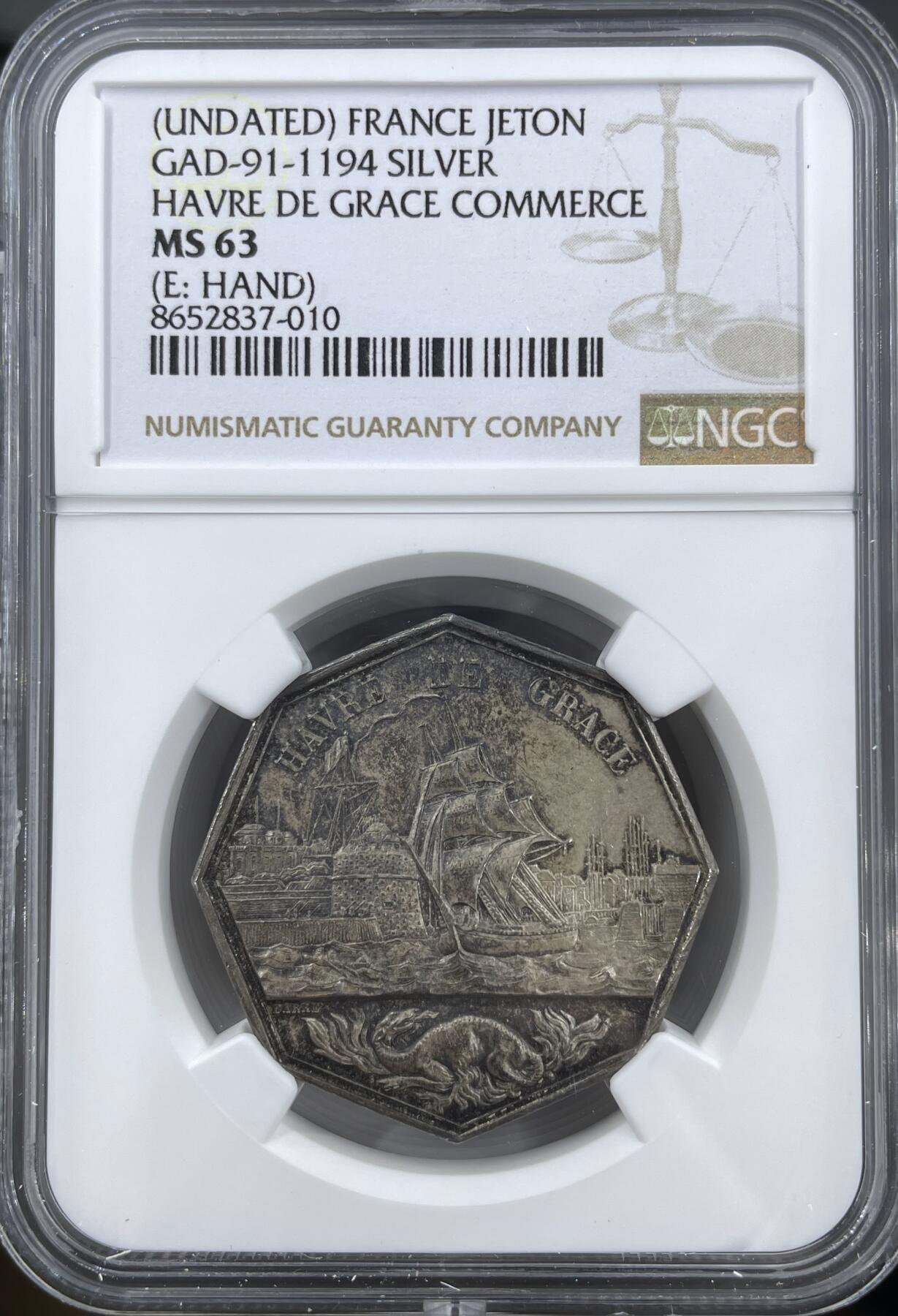 「木头集藏」章牌精品专场！ Barre～法国勒阿弗尔商会八角银章，MS 63 ，直径：32 mm， 边铭：手指 ARGENT （1845-1860年），难得好品！