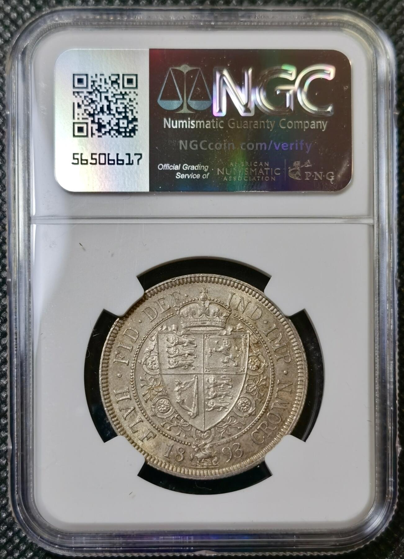 甄臻铺-世界币章拍卖（第40期）送拍享返佣金等优惠多多 NGC-MS62 英国1893年维多利亚披纱半克朗银币 状态很好 老包浆