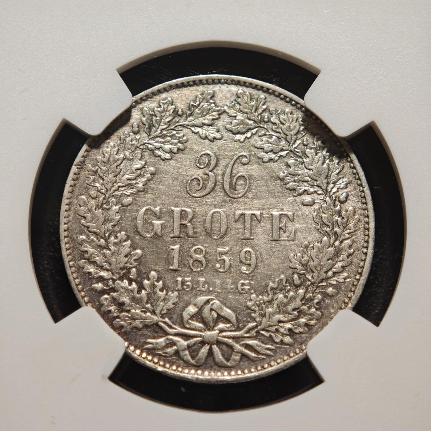 【德藏】世界币章拍卖第155期（拍品征集中~欢迎藏友联系） 1859年  德国不莱梅36GROTE银币 NGC AU 稀少品种