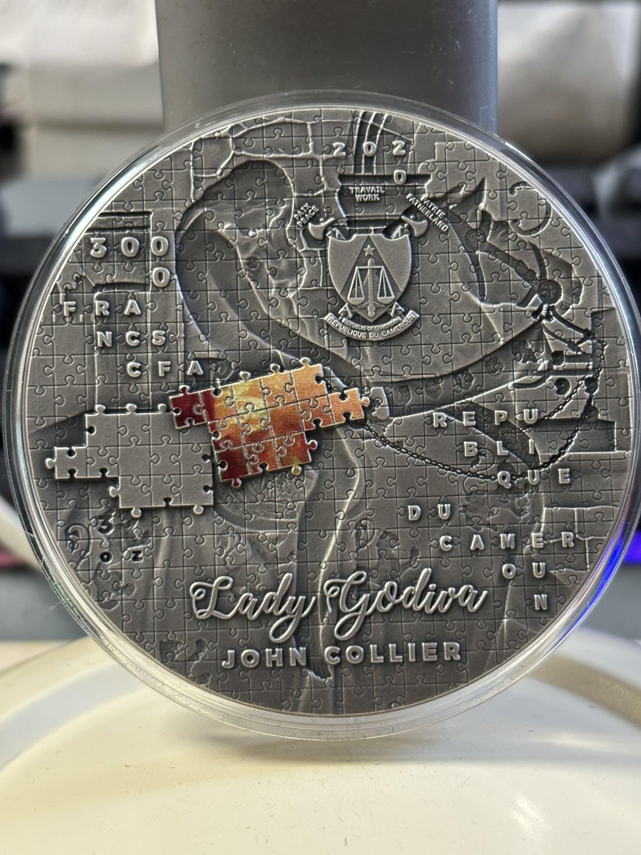 第183期拍卖 喀麦隆2020年背上的Godiva夫人拼图3盎司纪念银币，999银，可以当摆件，发行340枚