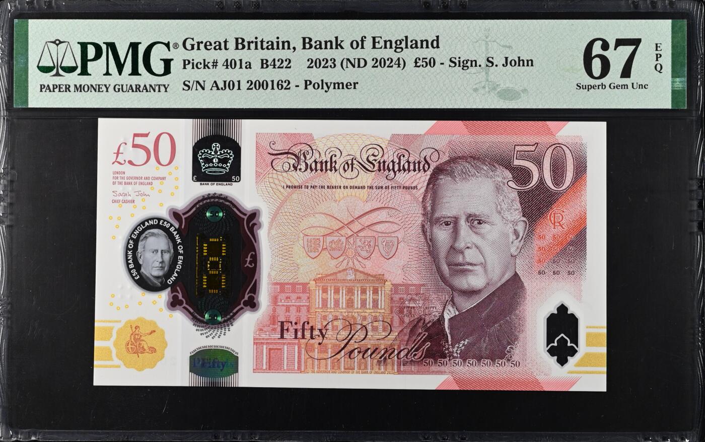 《艾美收藏》第222期-11.30周日外币畅拍 英格兰50镑AJ01首发冠 PMG67E 2023年 查尔斯版塑料钞 无347