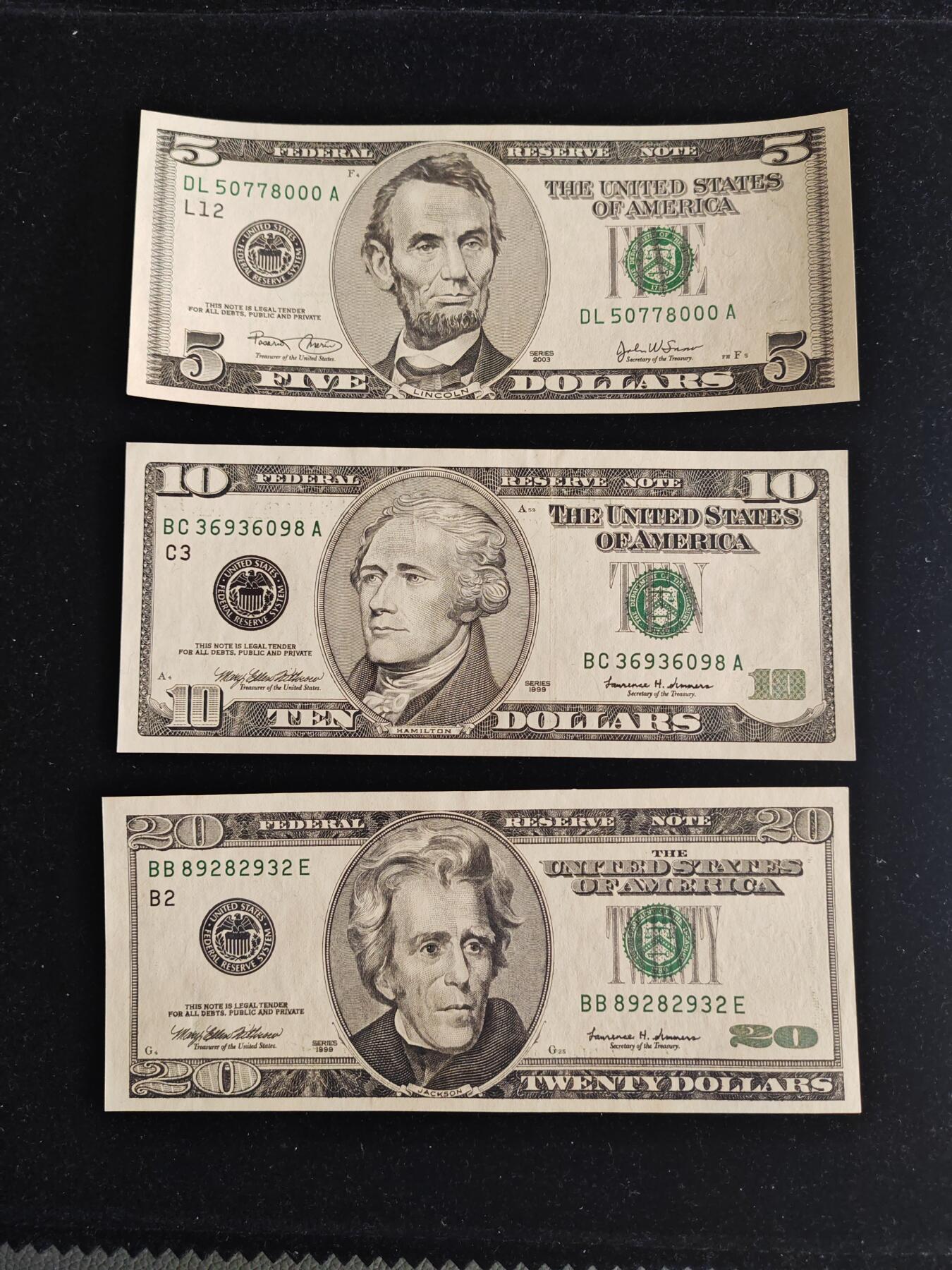 美国纸币 黑白大头版 小套 5美元-10美元-20美元 共三张 无4 近新有瑕