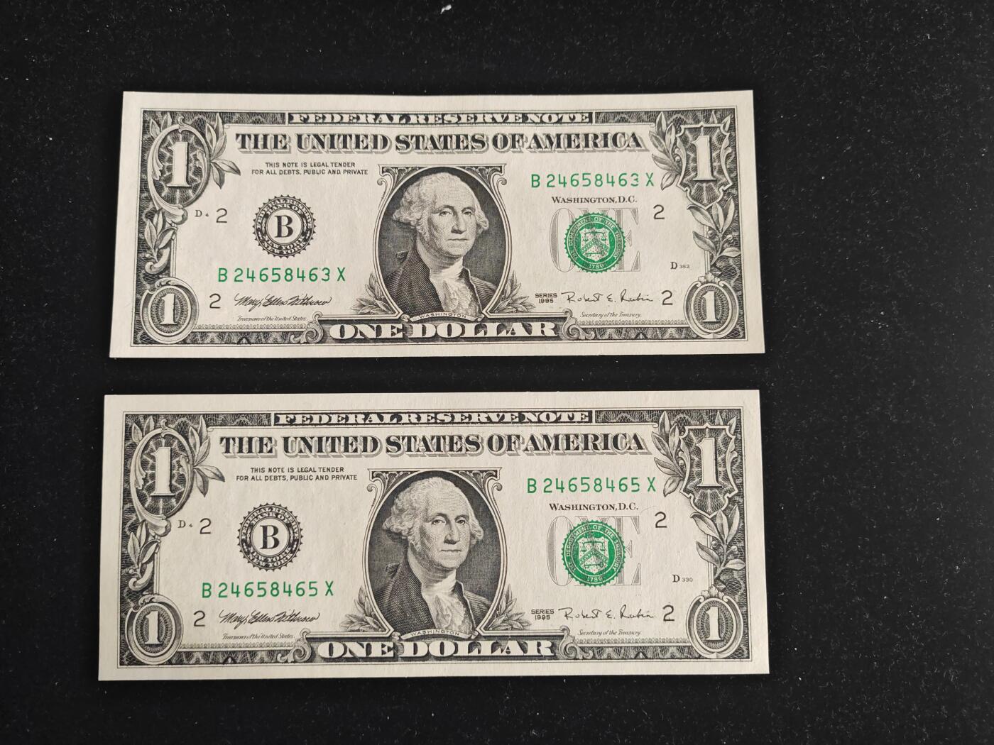 美国纸币 1995年 1美元 B区 全新UNC