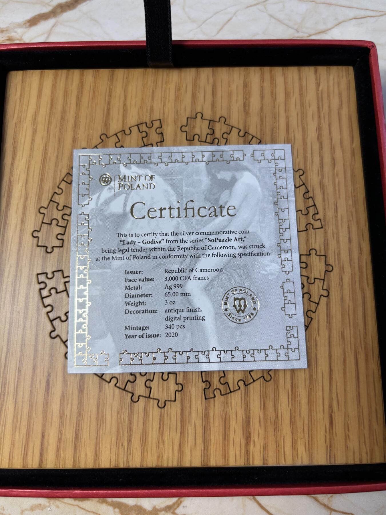 第183期拍卖 喀麦隆2020年背上的Godiva夫人拼图3盎司纪念银币，999银，可以当摆件，发行340枚