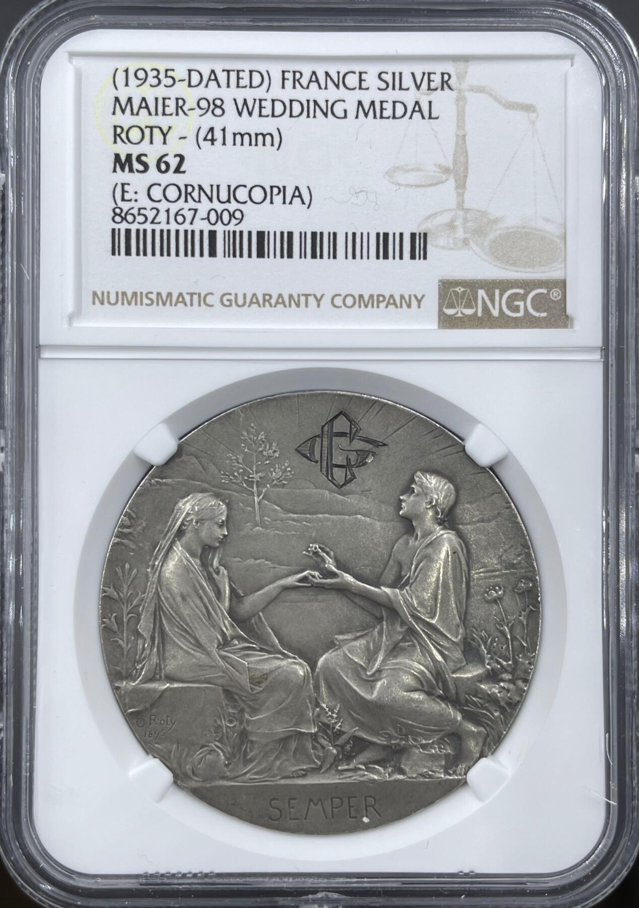 「木头集藏」章牌精品专场！ O.Roty～1898年法国“SEMPER”永恒的爱 婚礼纪念银章，MS 62，直径：41 mm，少见双面刻字，名家经典，品相不错。