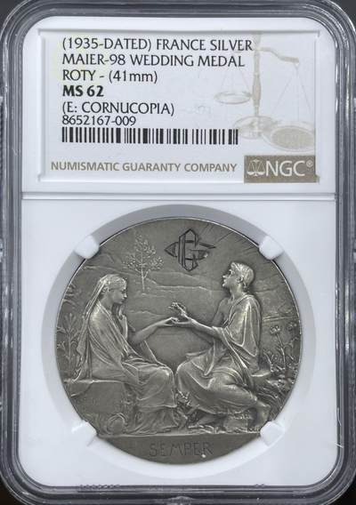 「木头集藏」章牌精品专场！ - O.Roty～1898年法国“SEMPER”永恒的爱 婚礼纪念银章，MS 62，直径：41 mm，少见双面刻字，名家经典，品相不错。