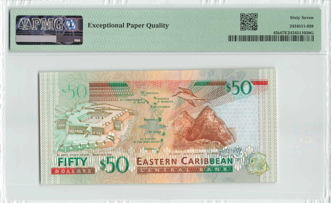 小福收藏拍卖第196期 评级币精选场 本期有68分倒置号布隆迪世界最大纸币 泰国69年10铢纪念钞0A冠百位倒置号  文莱06年500吉令特首年首冠 丹麦经典大松鼠 俄罗斯 玻利维亚 东加勒比 亚美尼亚等多国精美高分珍稀老钞精品纸币 东加勒比（K) 圣基茨 2003年 50元 国别很少见 PMG67 EPQ 亚军分(冠军分仅2枚）